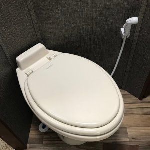 new elongated Dometic 320 toilet with bowl rinser